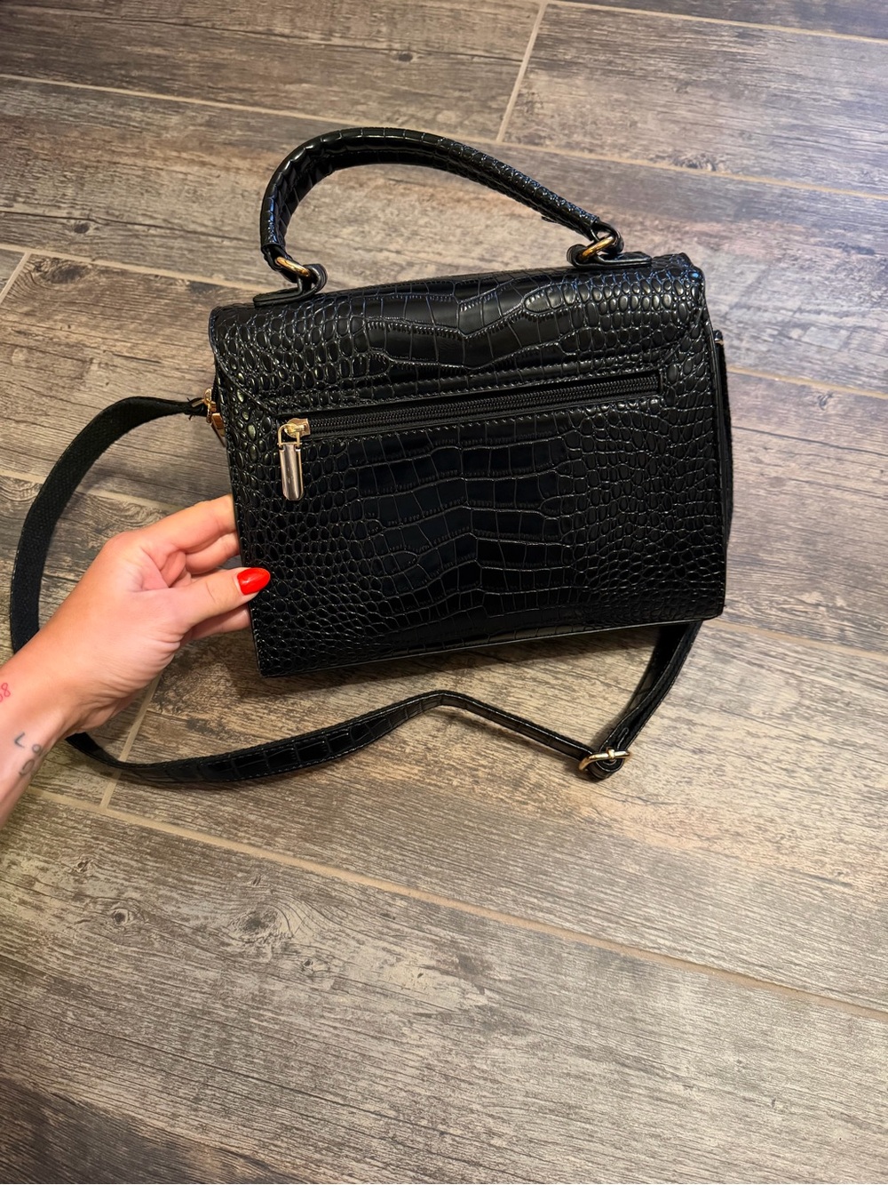 Croc-Embossed Black Top-Handle Satchel with Gold Clasp - Picture 2 of 8